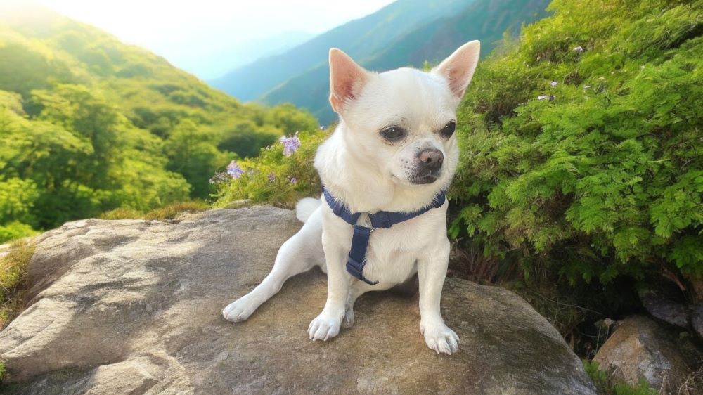 Cesare cane chihuahua seduto su una roccia durante una vacanza in montagna