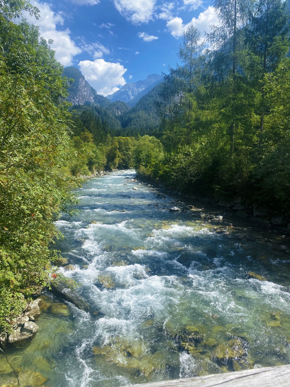 la forza dell'acqua di un torrente visto da un ponte di legno