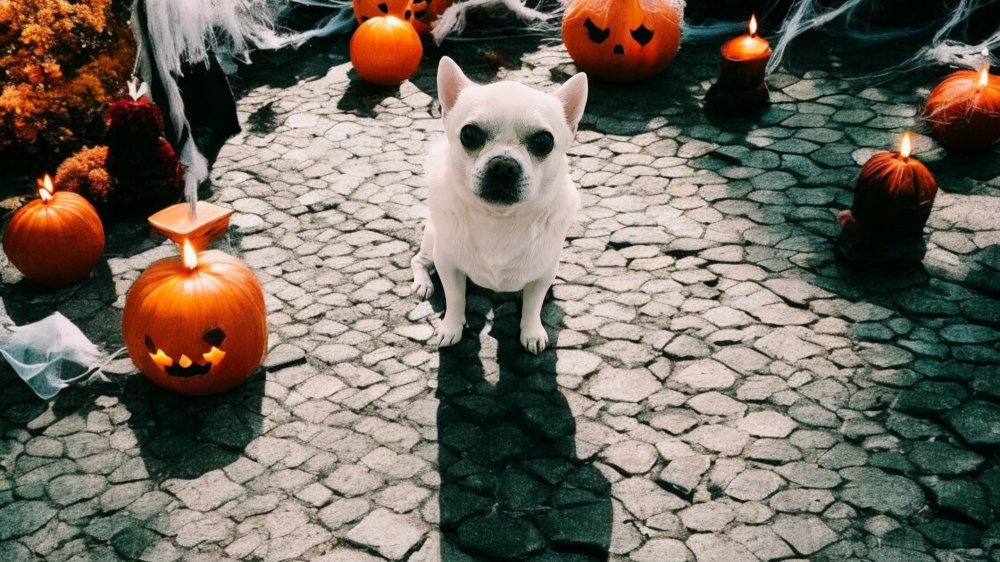 Cesare, cane chihuahua circondato da zucche per la festa di Halloween