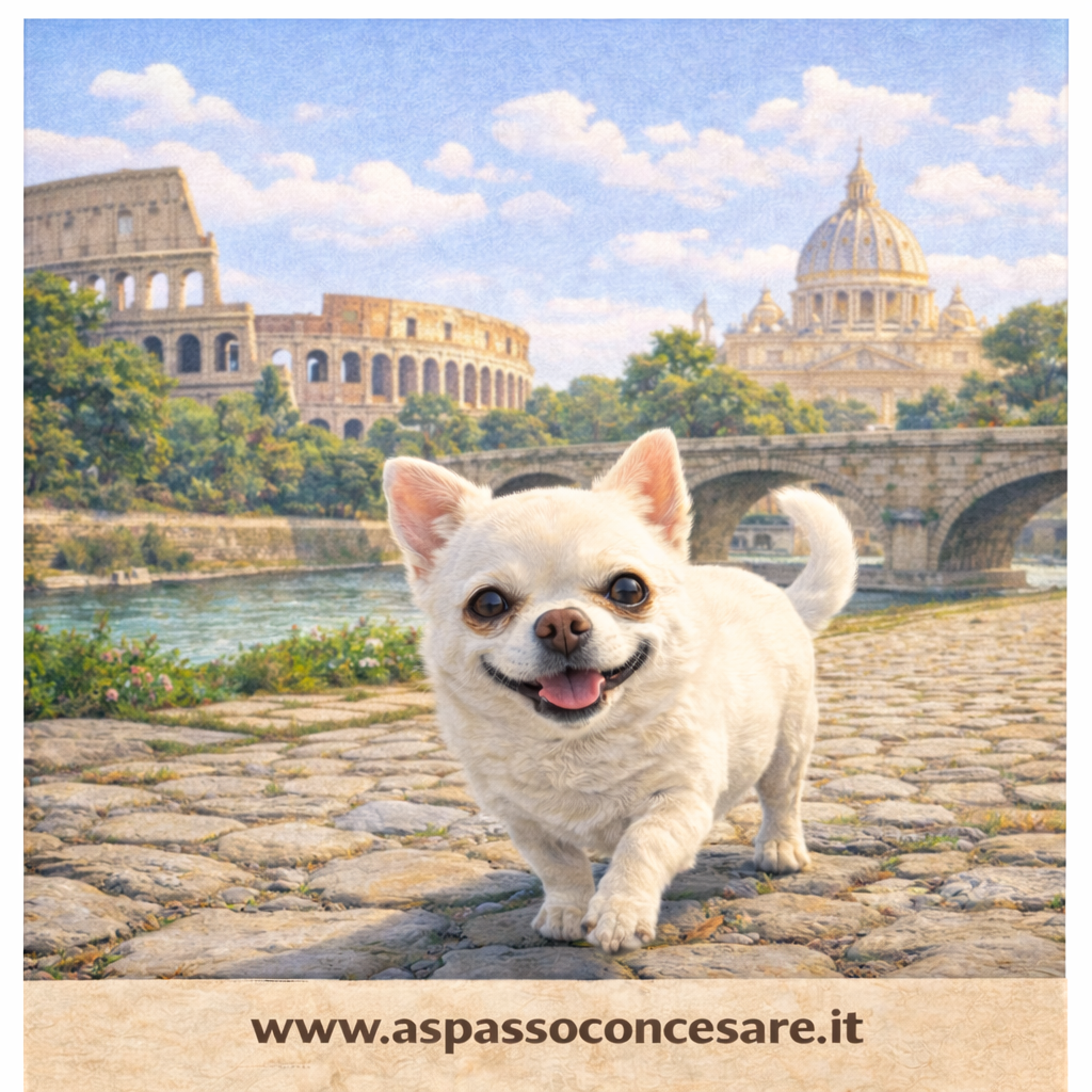 chihuahua sorridente con sullo sfondo cupola di S. Pietro